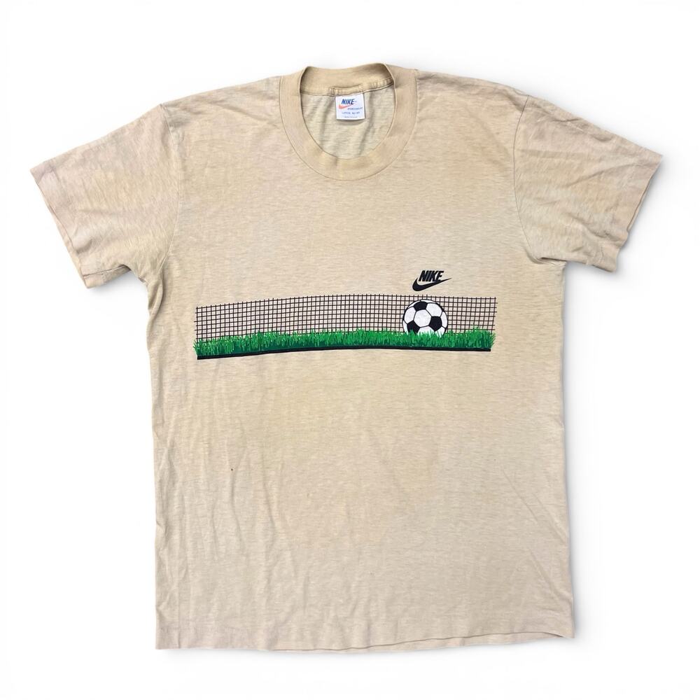 True Vintage 70s Nike Soccer Grass and Net Tan Single Stitch T Shirt White Tag L